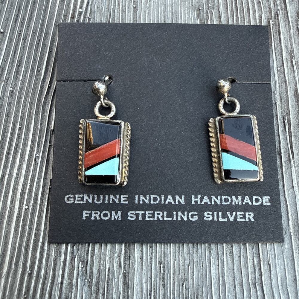 NATIVE AMERICAN ZUNI STERLING SILVER & INLAY EARRINGS STAMPED S EDAAKIE NEW
